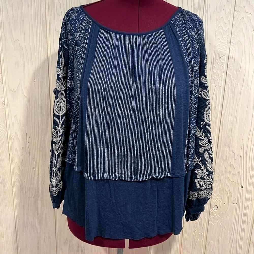 Free People Indigo Dreams Top XS Embroidered Mesh Balloon Sleeves